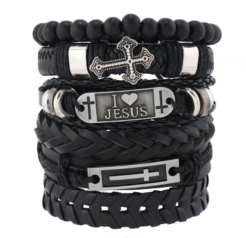 Men's Punk Skull Leather Bracelet Set Multi-Layer Gothic Rock Chain Bracelets Pentagram Charm Hip Hop Streetwear Badge Jewelry Accessories for Him