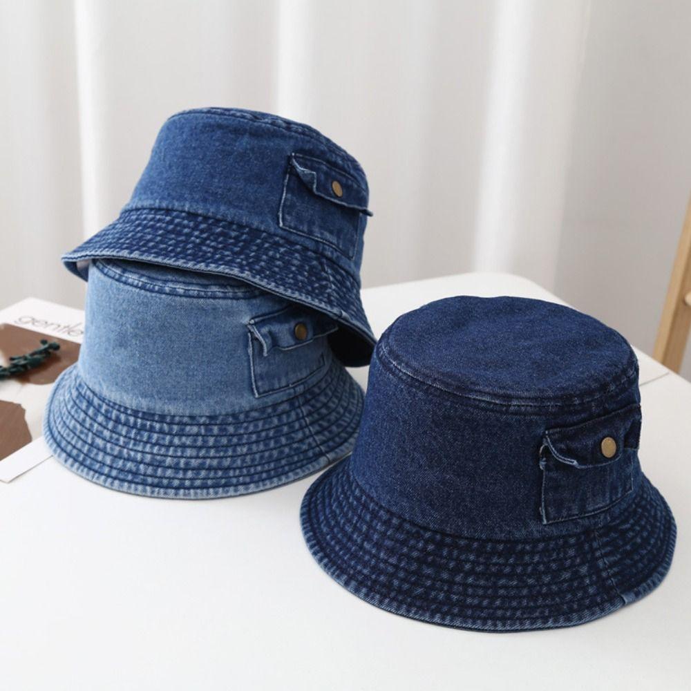 Solid Color Denim Bucket Hat Travel Fisherman Cap Fashion Pocket Sun Hats  Unisex