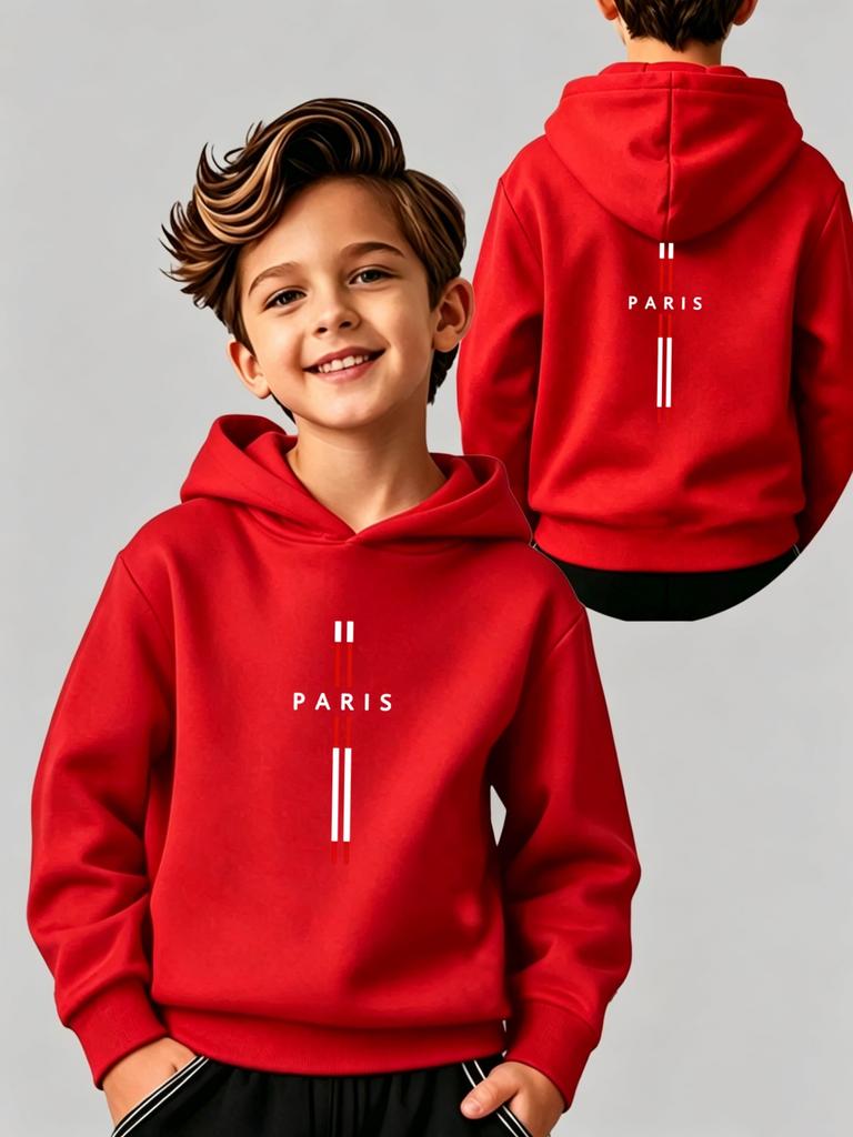Boys' Hoodie, Kids' Hoodie with Paris Letter Prints on Both Front and Back, Versatile Casual Long-
