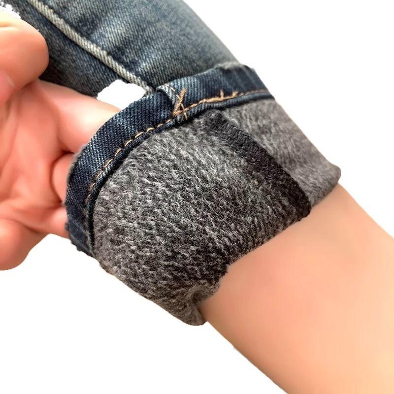 Fleece retro jeans women's autumn and winter new high-waisted versatile, thin and warm nine-point pants, boots and pants tide