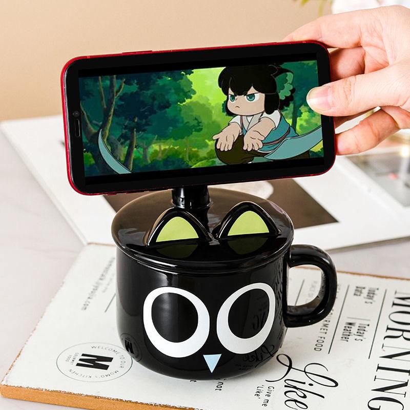 

Кофейная чашка, посуда для напитков, креативная керамическая чашка для воды с изображением кота, мультяшная анимация, окружающая студенческое общежитие, керамическая кружка с крышкой для молока 401-500ml чёрный
