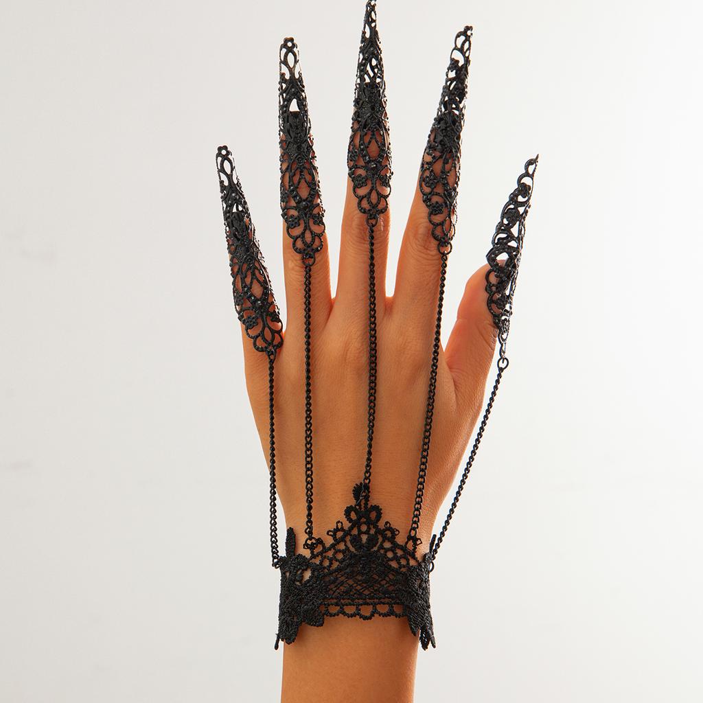 Ingemark Goth Black Lace Nail Finger Wrist Chain Rings for Women Vintage Connecting Hand Bracelet Halloween Jewelry Gift New