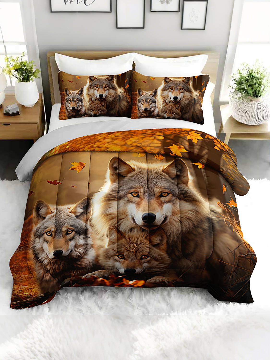 

3PC Wild Wolf Print Comforter Set Animal Themed Bedding with Duvet And 2 Pillowcases for Bedroom Or Guest Room Decor Twin