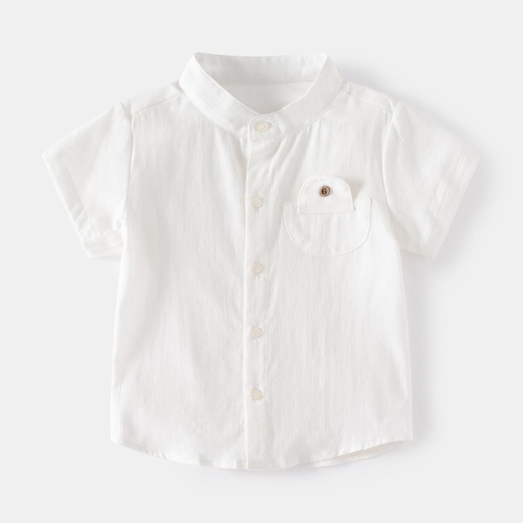 Boys Stand Collar Shirt Short Sleeve Cotton Casual Outdoor Sports Top Soft Comfortable Clothing for Toddler and Kids