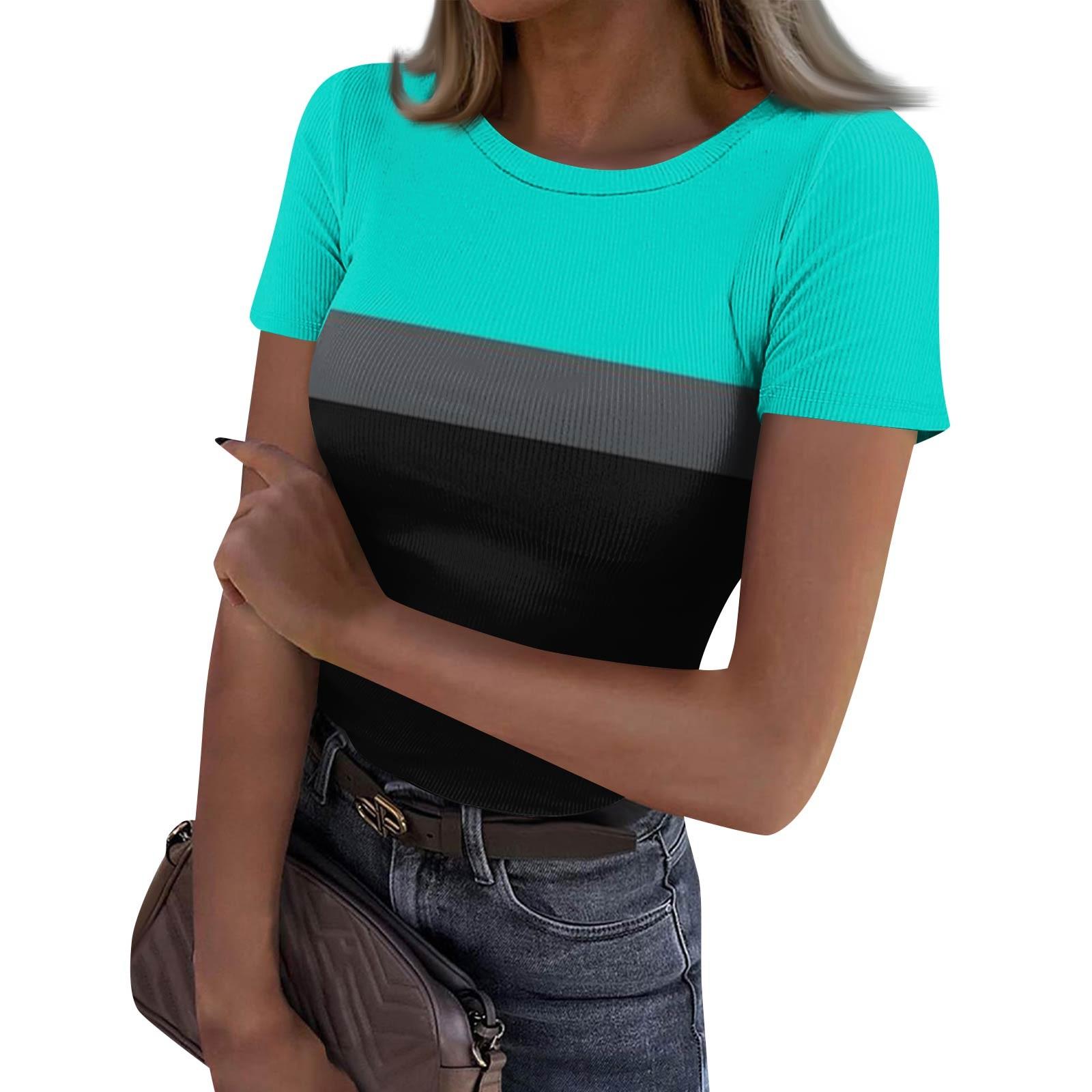 

Женская узкая футболка, модный повседневный свитер с круглым вырезом и коротким рукавом XXL циан