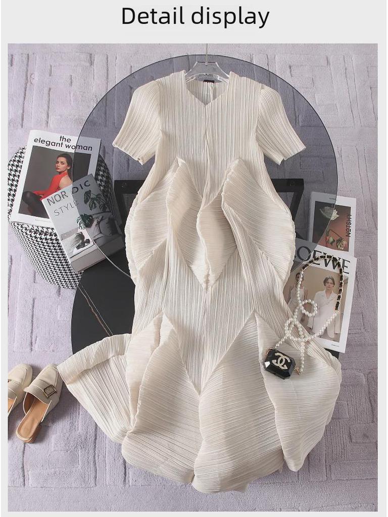 Miyake Women's French High-End Pleated Dress: Cold Style, Korean Temperament, Short-Sleeved, Summer Long Skirt