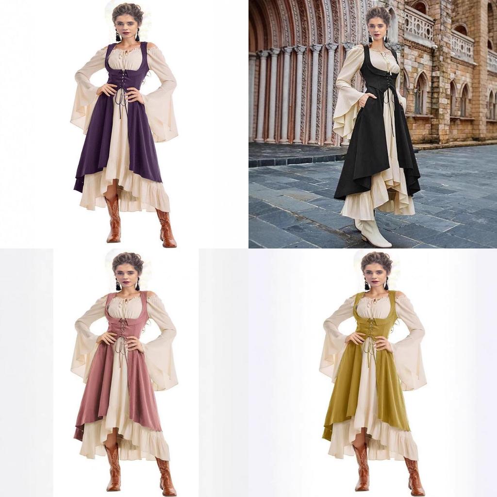 European Medieval Stage Gown With Spliced Polyester And Spandex Fabric For Theatrical Events