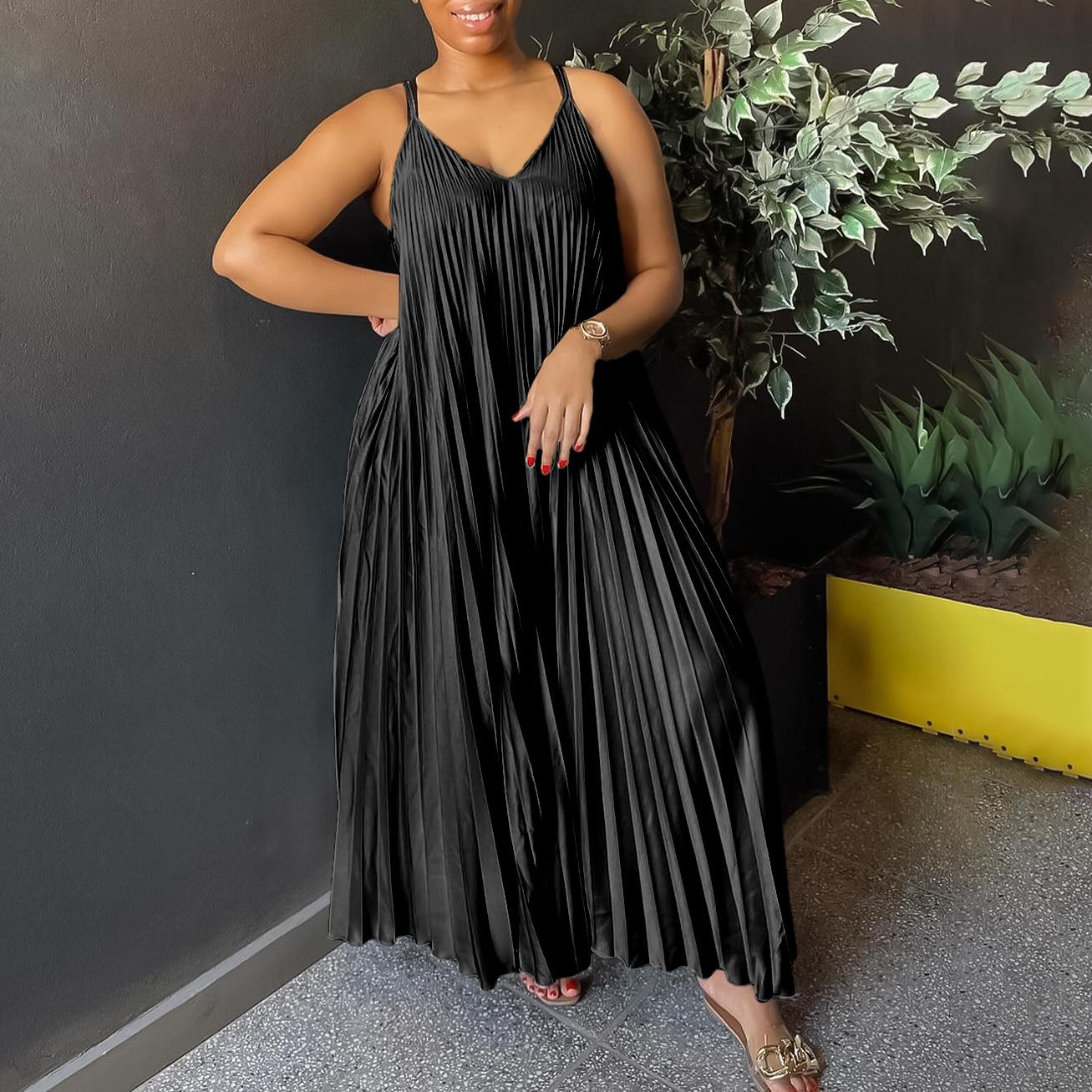 

Платье макси в африканском стиле для отдыха: Шикарное и удобное летнее платье трапециевидного силуэта, однотонное, на тонких бретельках для женщин XXXL чёрный