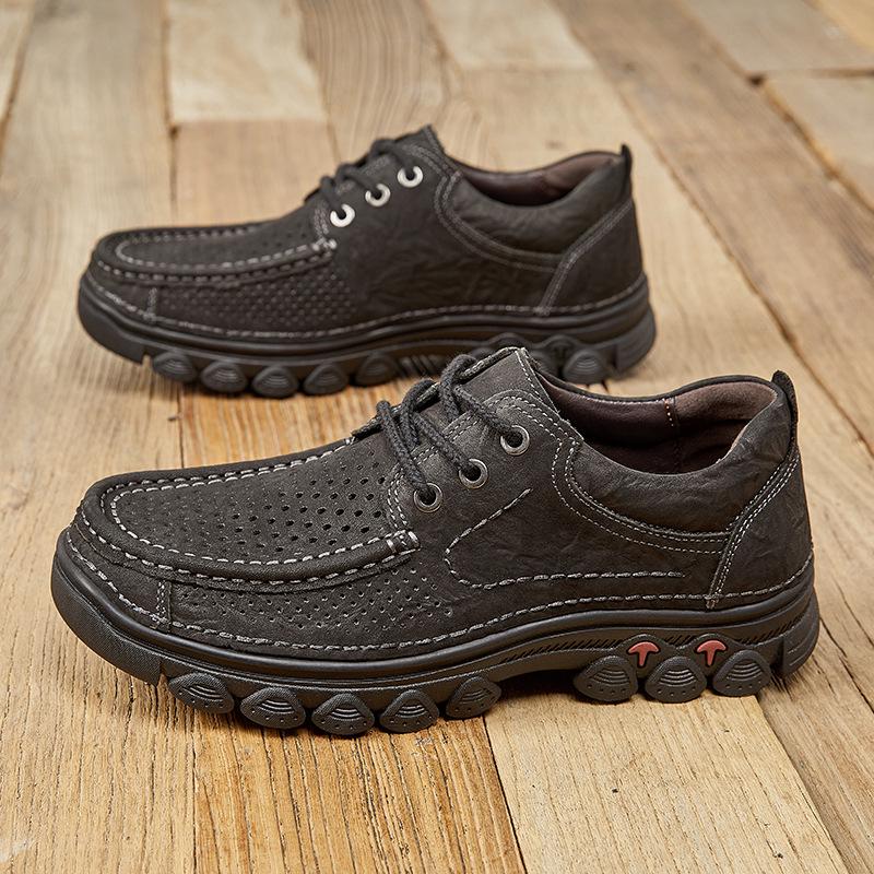 Men s Summer Low-Top Soft Sole Cowhide Leather Shoes - Outdoor Casual, Breathable, Hollow Design 42 чёрный