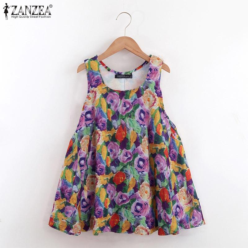 ZANZEA Women Casual Round Neck Loose Print Summer Sleeveless Tank Tops
