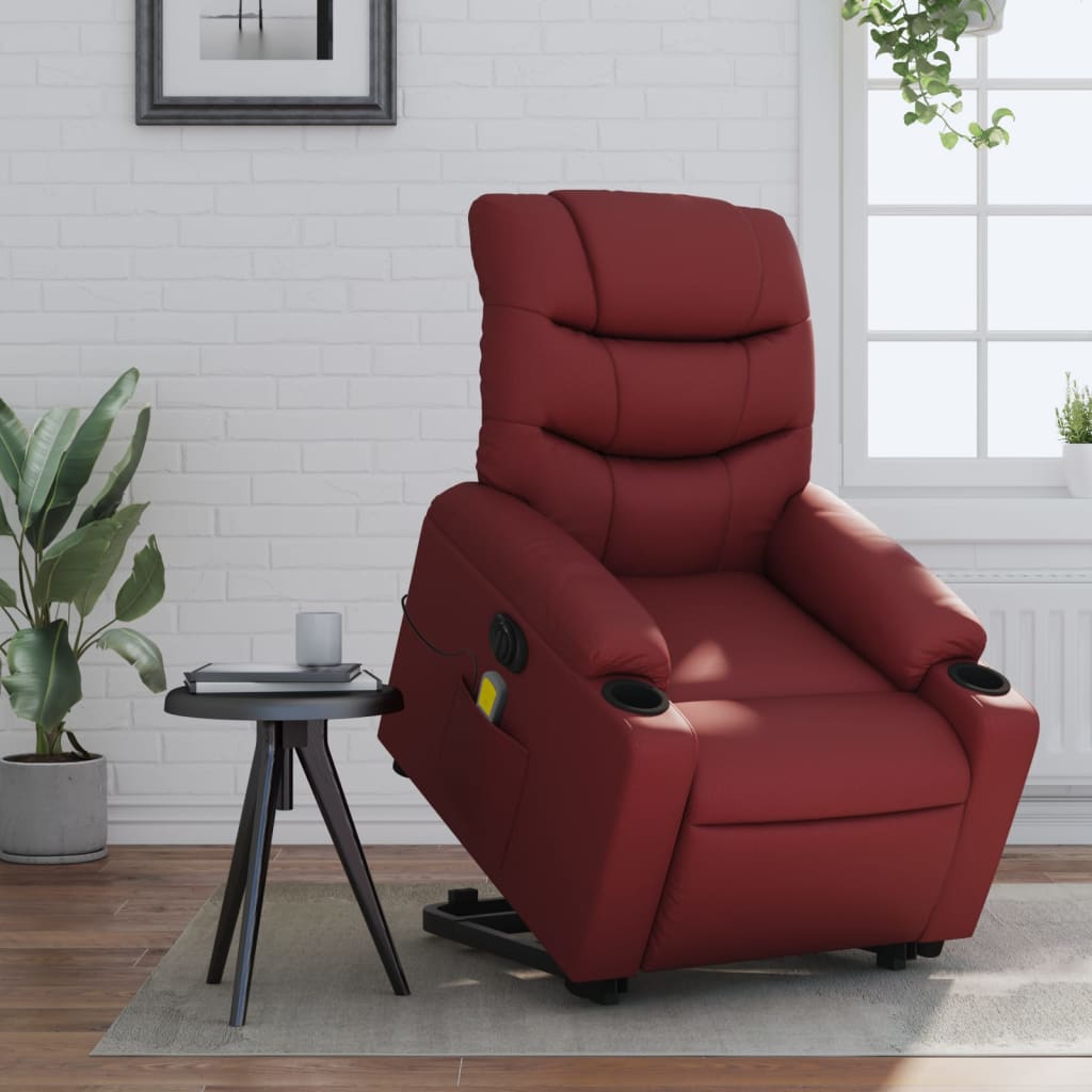 Electric Massage Recliner with Rising Function Burgundy Artificial Leather