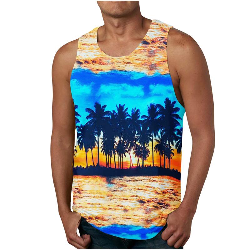 Palm Tree Graphic Tank Top For Men 3D Print Sleeveless Beach Hemp Palm Pattern Tops Paint Vest Hawaii Colorful Pigment T-shirt