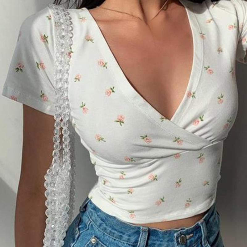 Letní francouzské retro květinové tričko s krátkým rukávem a výstřihem do V Tenké zeštíhlující divoké tričko s vysokým pasem dámské top