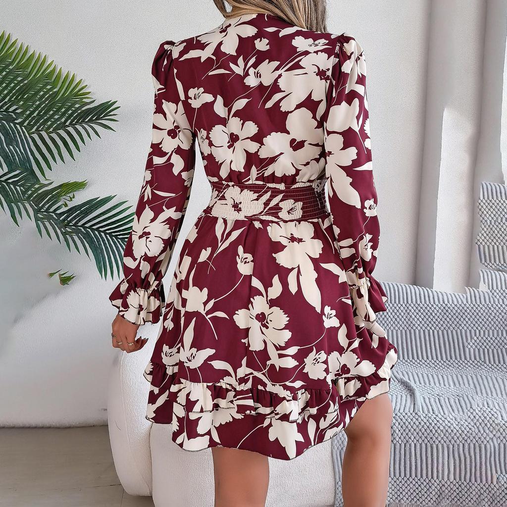 Damen Herbst Winter Temperament Schnüren Druck Farbe Hohe Taille Langarm Plissee Kleid