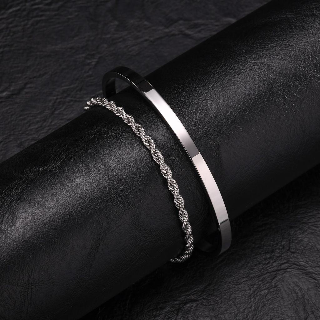 Men's 2pcs Set Simple Fashion Cuban Snake Link Chain Bracelet Stainless Steel Open Cuff Bangle Punk Hip Hop Jewelry Set Gifts