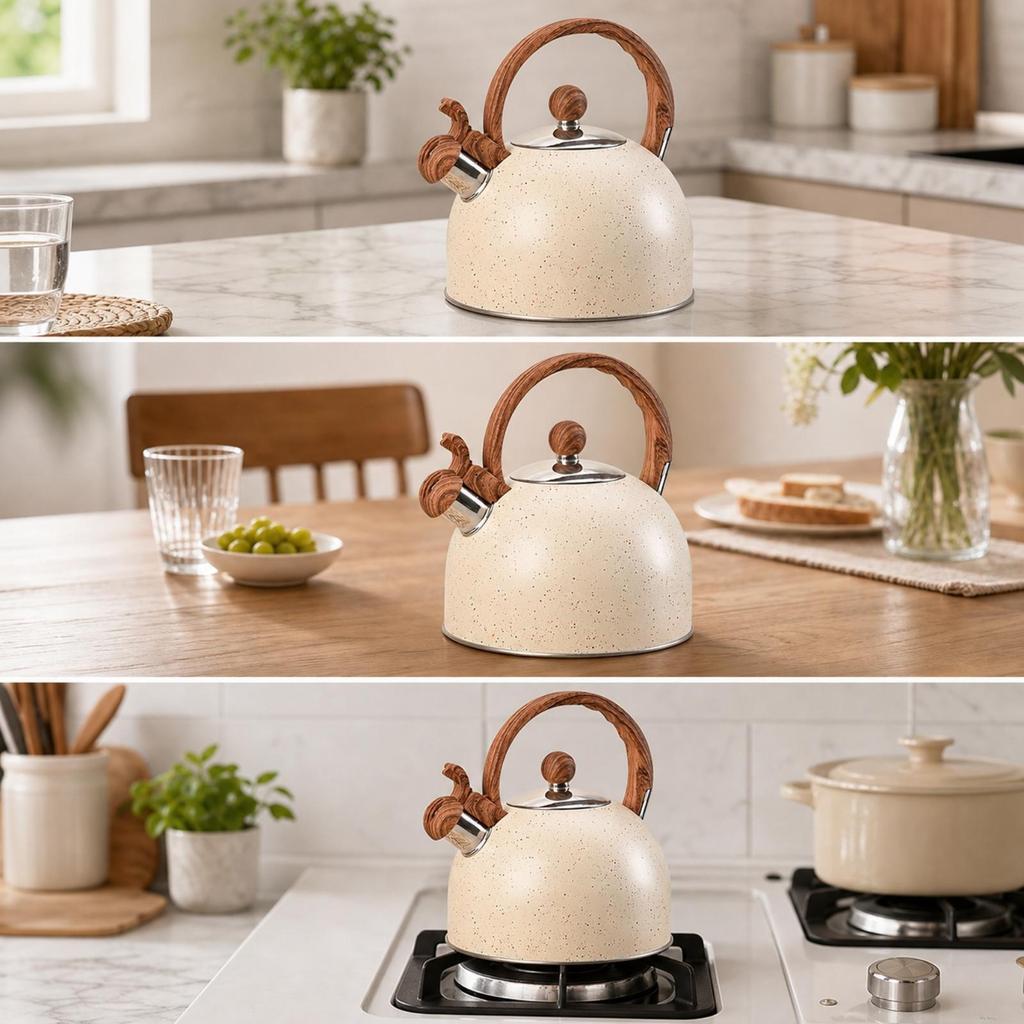 Whistling Tea Kettle with Wood-Grain Handle Cool-Touch Stovetop Teapot Loud