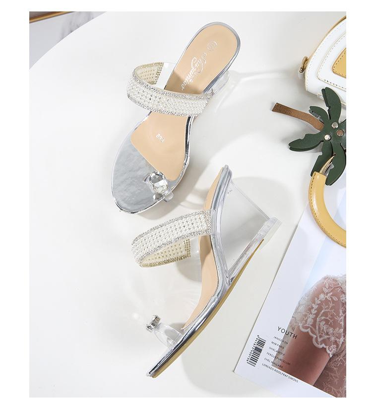 2023 Pearl Slope Heel New Sexy Crystal Transparent High Heels Glass Rhinestone Slope Heel Sandals Female LFD