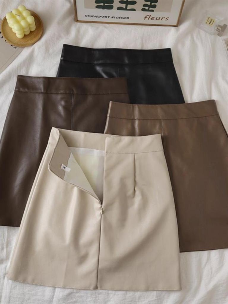 Autumn/Winter 2023 Women's PU Leather A-Line Skirt - High Waist, Slim Fit, Knee-Length, Casual Korean Style
