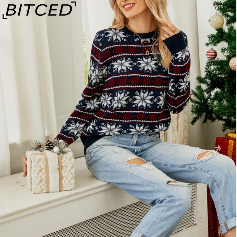 BITCED O-Neck Christmas Red Knit Sweater Christmas Outfit Long-Sleeve Snowflake Patterned Sweater