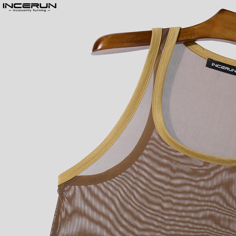 INCERUN Débardeurs à bretelles transparentes pour hommes Hauts transparents en maille patchwork