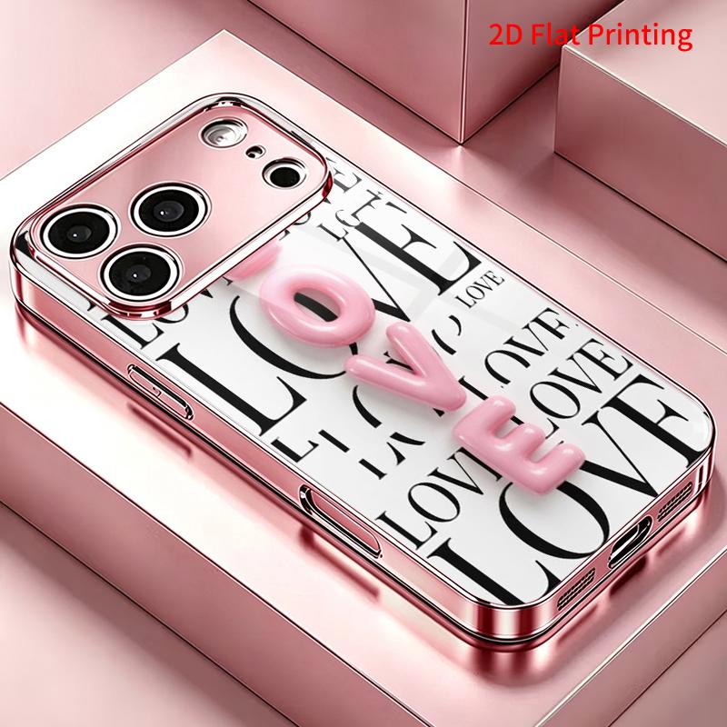 2DFlat electroplated tempered glass phone case,Pink 3D Love Letters on White Background,suitable for iPhone 18 Pro Max 17 16 15 14 13 12 11
