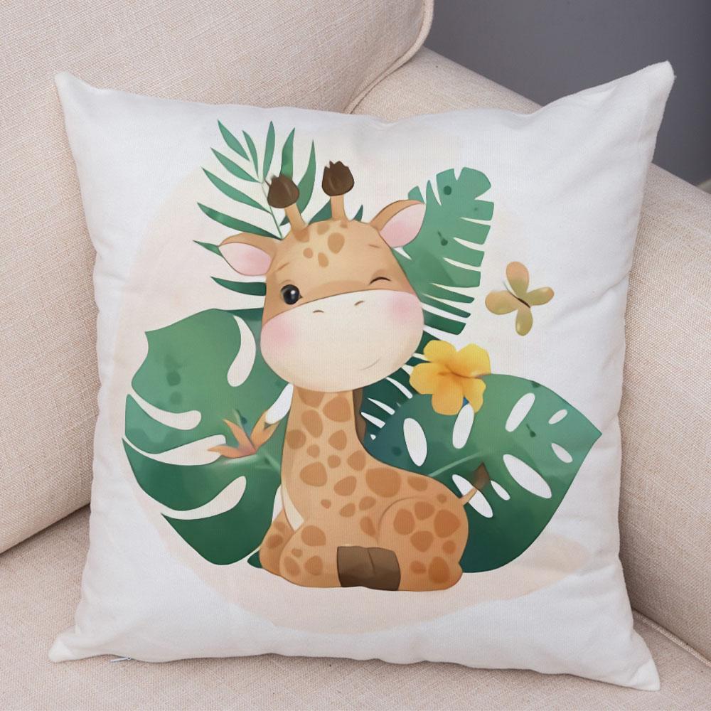 Cartoon Bird and Leaves Pillow Case Decor Cute Animal Lion Cushion Cover for Children Room Sofa Home Plush Pillowcase 45x45cm