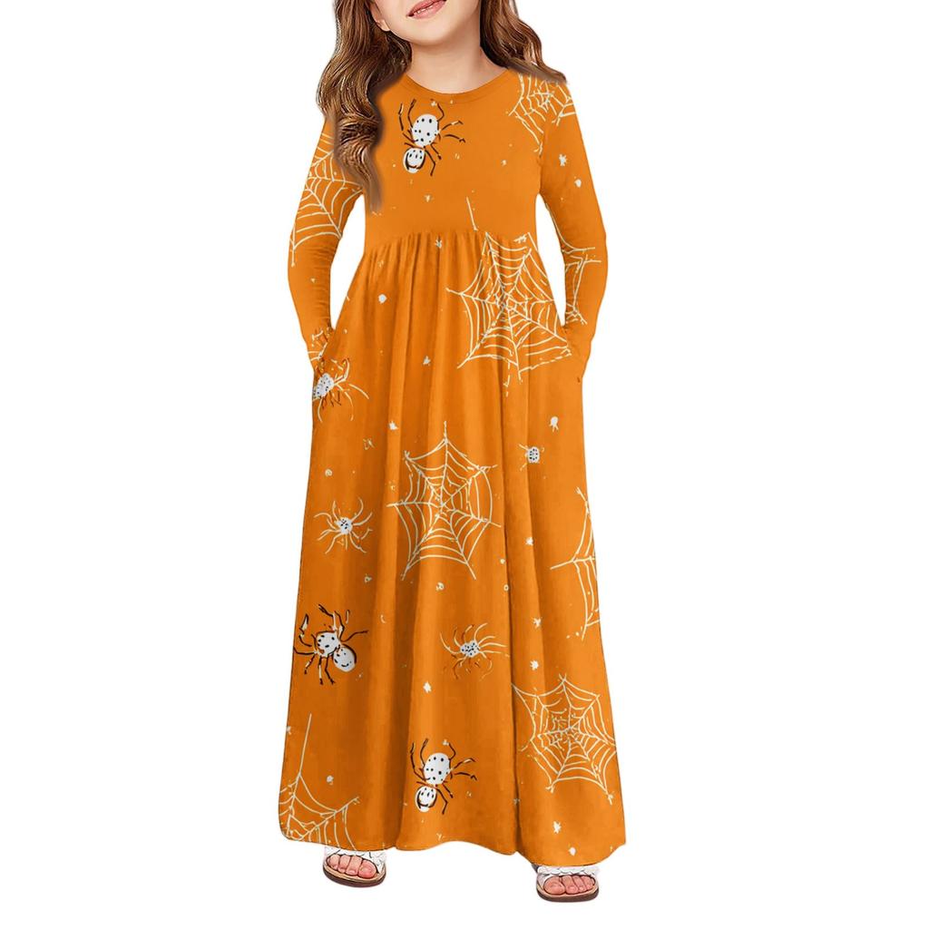 Mädchen Maxi Kleid Halloween Tag- Langarm Taschenkleid