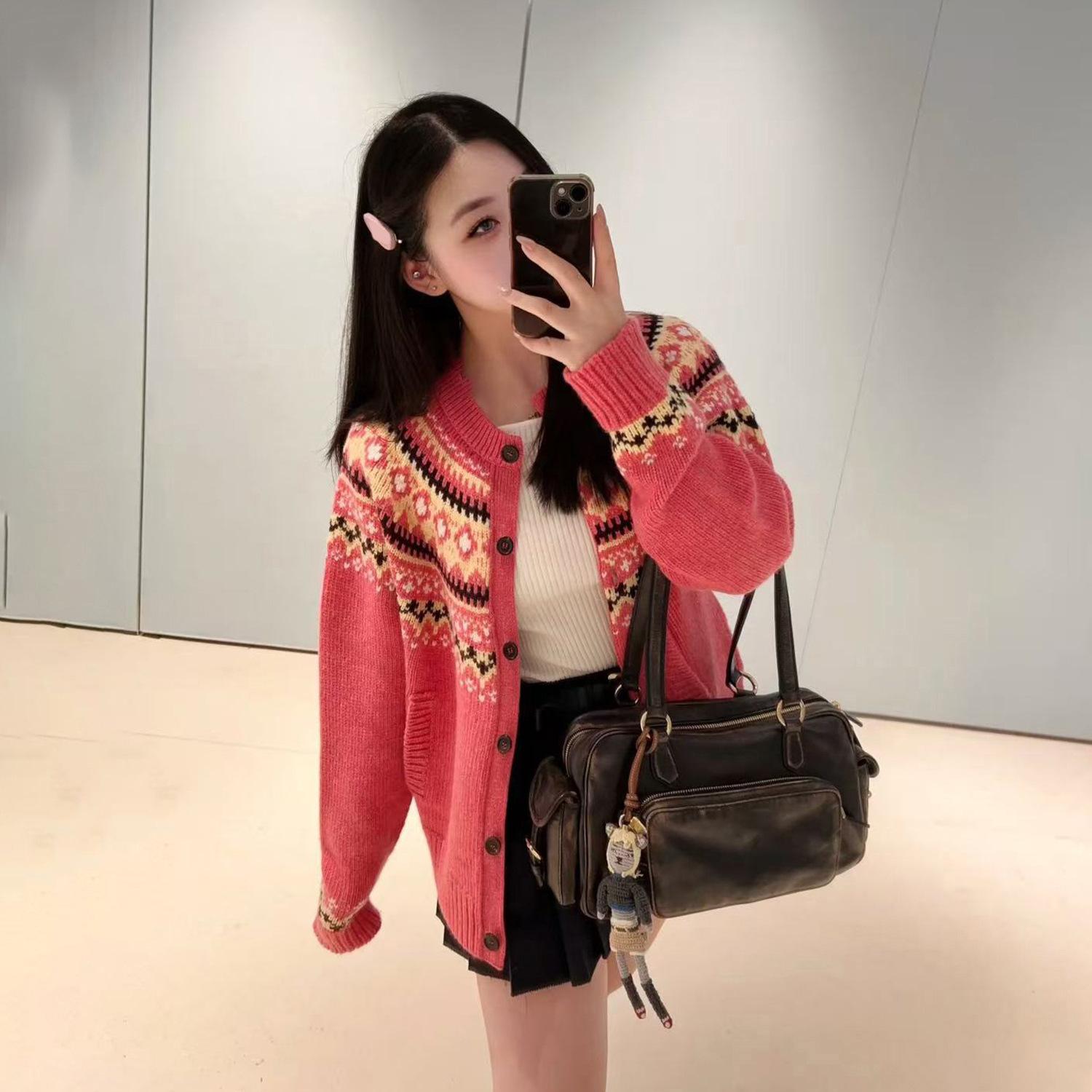 Celebrity temperament Fair Island sweet and gentle wind flower jacquard high-end knitted cardigan sweater jacket women S