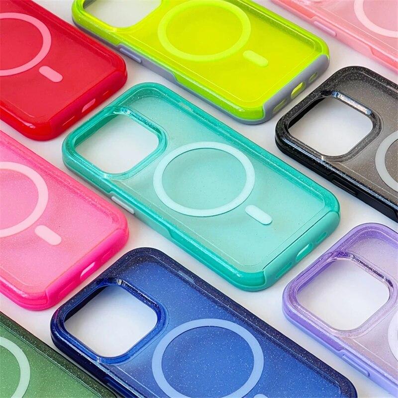 Fluorescenční třpytivé magnetické pouzdro pro IPhone 15 14 Pro Max 12 11 Pro Max Candy Transparentní silikonový nárazník pro bezdrátové nabíjení