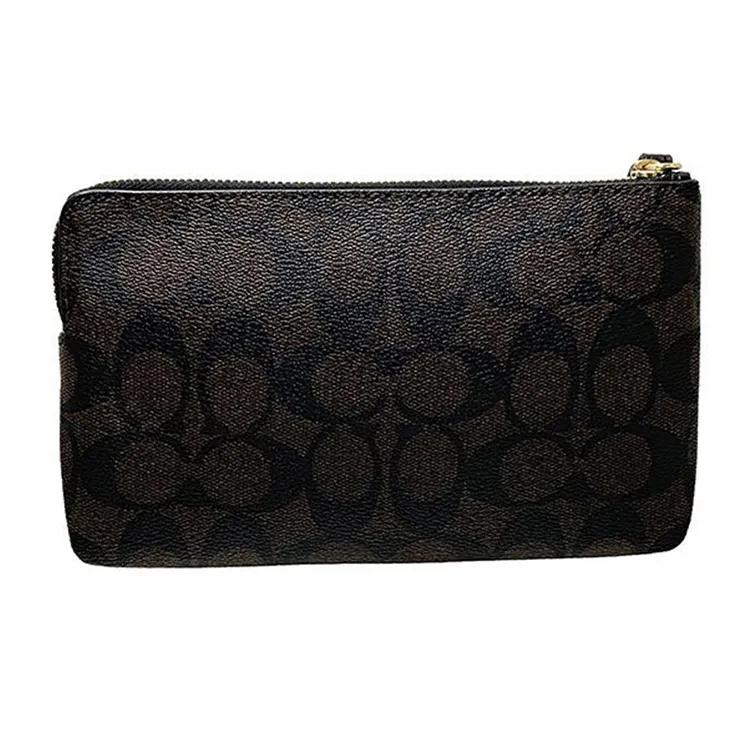 COACH Corner Zip Canvas Leather Pochette Clutch Small Women's Black Brown (Unisex) Clutches 6648 IMAA8