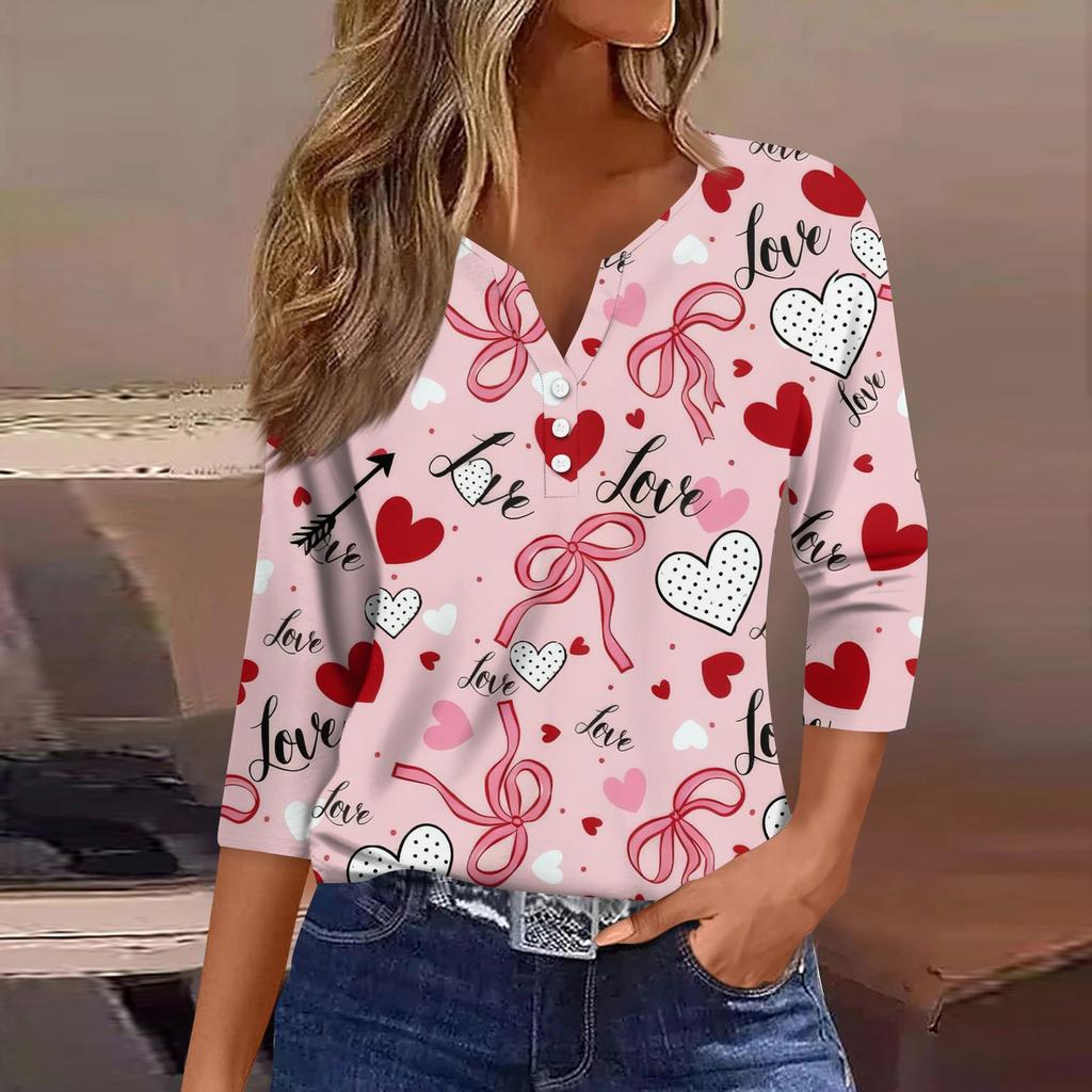 Women's Fashion Button-Up V-Neck Three-Quarter Sleeve Valentine's Day Print Top