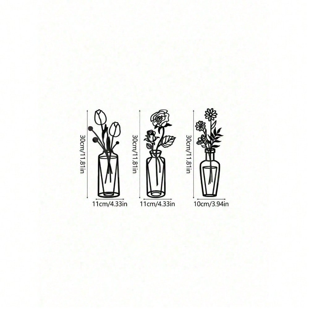 3-Piece Metal Flower Wall Art with Detachable Vase, Rustic Boho Farmhouse Decor