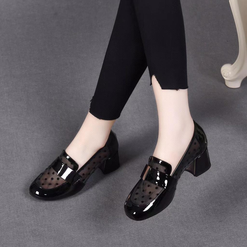 Mesh high heels women's shoes 2025 spring new round head thick heel cow patent leather women's single shoes mesh polka dot fashion shoes