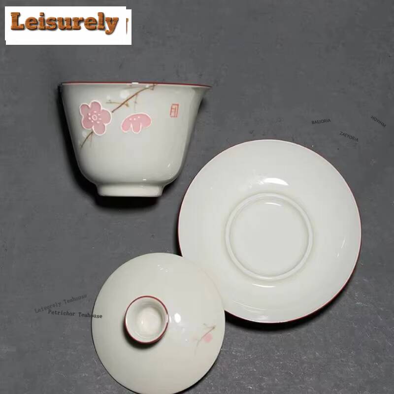 161ml Pure Hand-painted Spring Peach Blossoms Gaiwan Ancient Three Talents Tea Tureen Tea Maker Cover Bowl Drinkware Ornaments