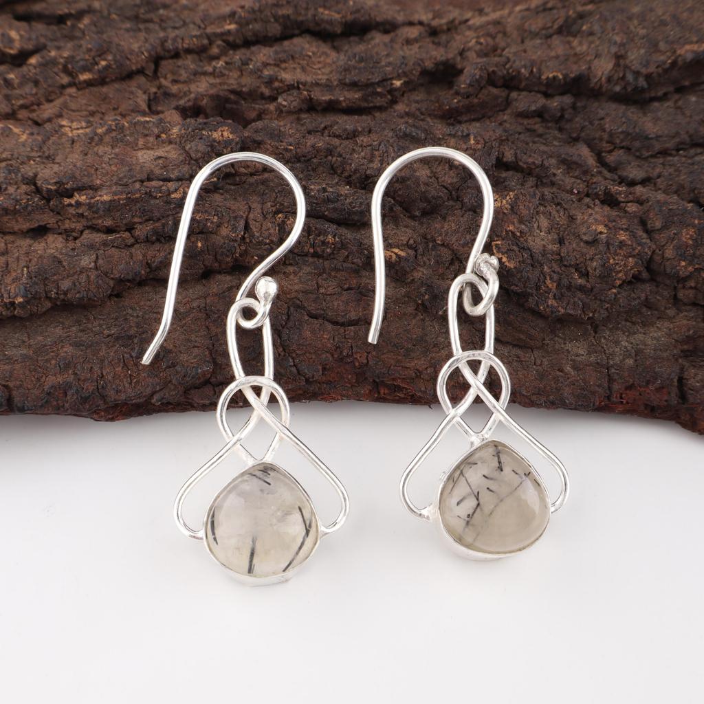 Ohrringe mit schwarzem Rutil, 925er Sterlingsilber-Echtschmuck, handgefertigte Ohrringe, für Thanksgiving