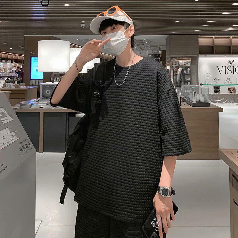 

Мужской модный спортивный костюм из вафельной ткани с футболкой с короткими рукавами на лето XL