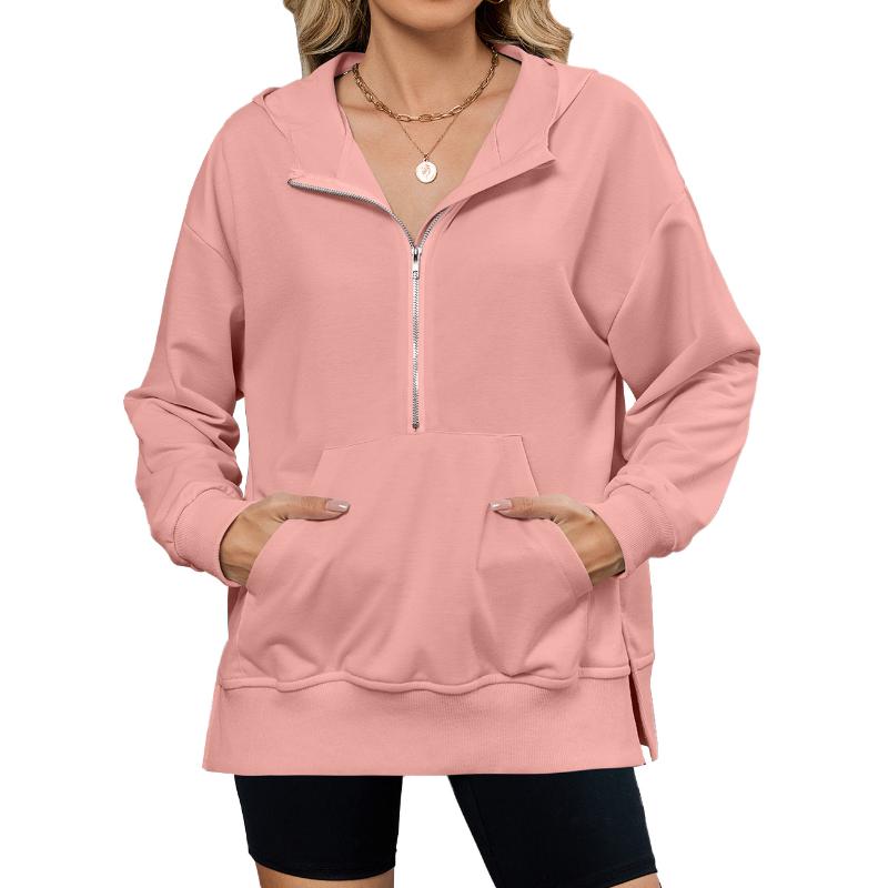 Women Loose Hooded Long Sleeve Zip Pocket Sweatshirt Jacket