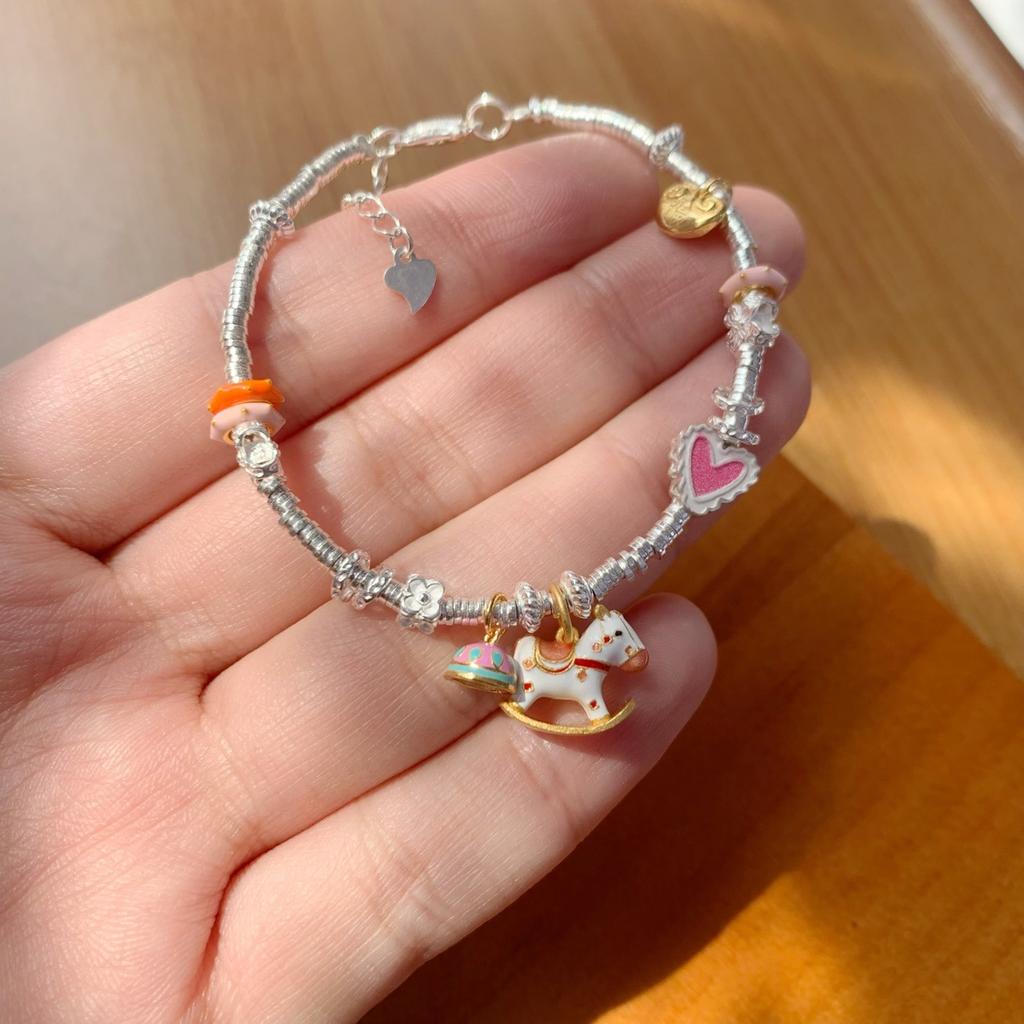 Pure Silver 999 Love Rocking Trojan Horse Coiling Sterling Silver Bracelet Star Rainbow Running Ring