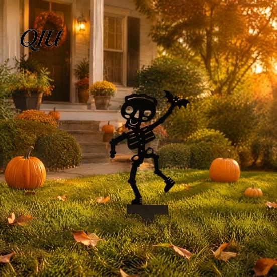 Garden Stakes for Flower Beds Halloween Skeleton Stake, Metal with Bat Spider Yard Art Fun Lawn Ornaments Black Silhouette Decoration Bed Shaped