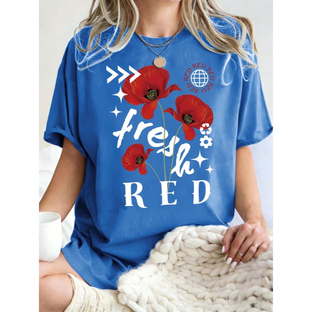 Fresh Beautiful Red Flower Pattern Womens T Shirts Cotton Casual T-Shirt Summer O-Neck Clothes Oversized Sportswear