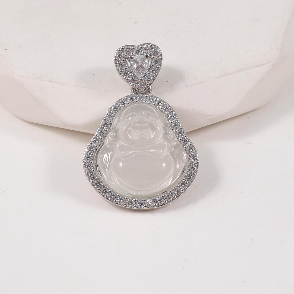 White Chalcedony Laughing Buddha Pendant with Diamond Clasp - Versatile Women's Clavicle Chain
