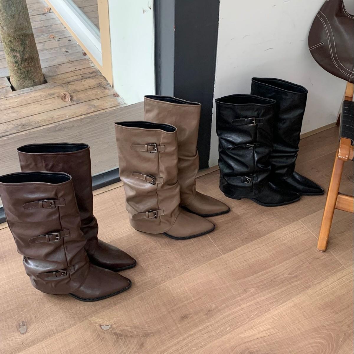 

2025 new pointed thick high-heeled belt buckle two knee-length knight women s boots 39 коричневый