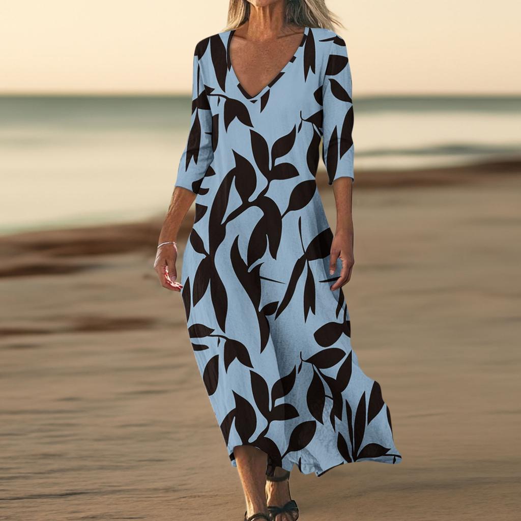 Dresses For Womens Vintage Print Tunic Waisted Midi Dress Summer Casual  3/4 Sleeve Dress