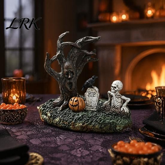 Halloween Atmosphere Decorations Garden Ornaments, Spooky Cemetery Decor with Resin Skulls Dead Trees Retro Gothic Home Pumpkin Raven for Indoor
