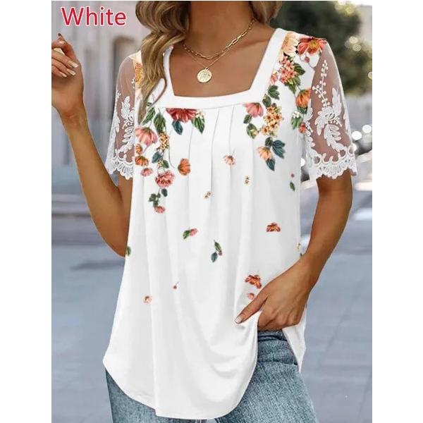 

Женские повседневные рубашки, кружевная футболка с цветочным принтом, квадратный вырез, короткий рукав, модные свободные блузки, большие размеры S-5XL 5XL белый