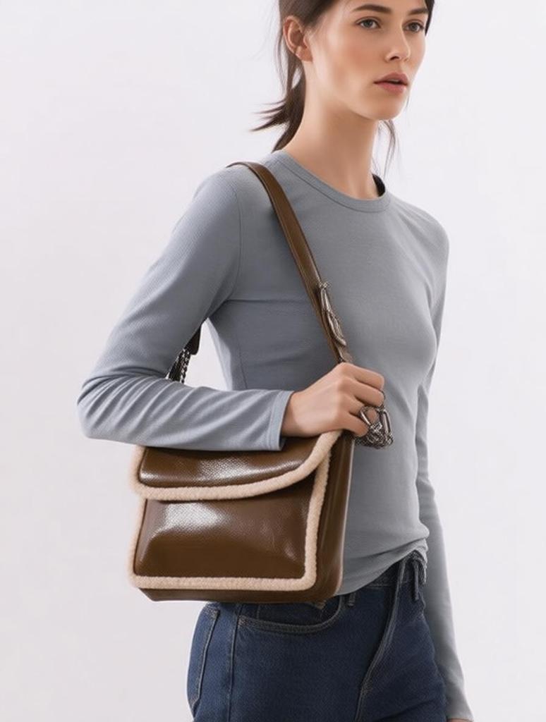 Women's Shoulder Bag Autumn Winter Fashion Lamb Wool PU Splicing Crossbody Bags Large Capacity Oil Wax Leather Chain Handbags