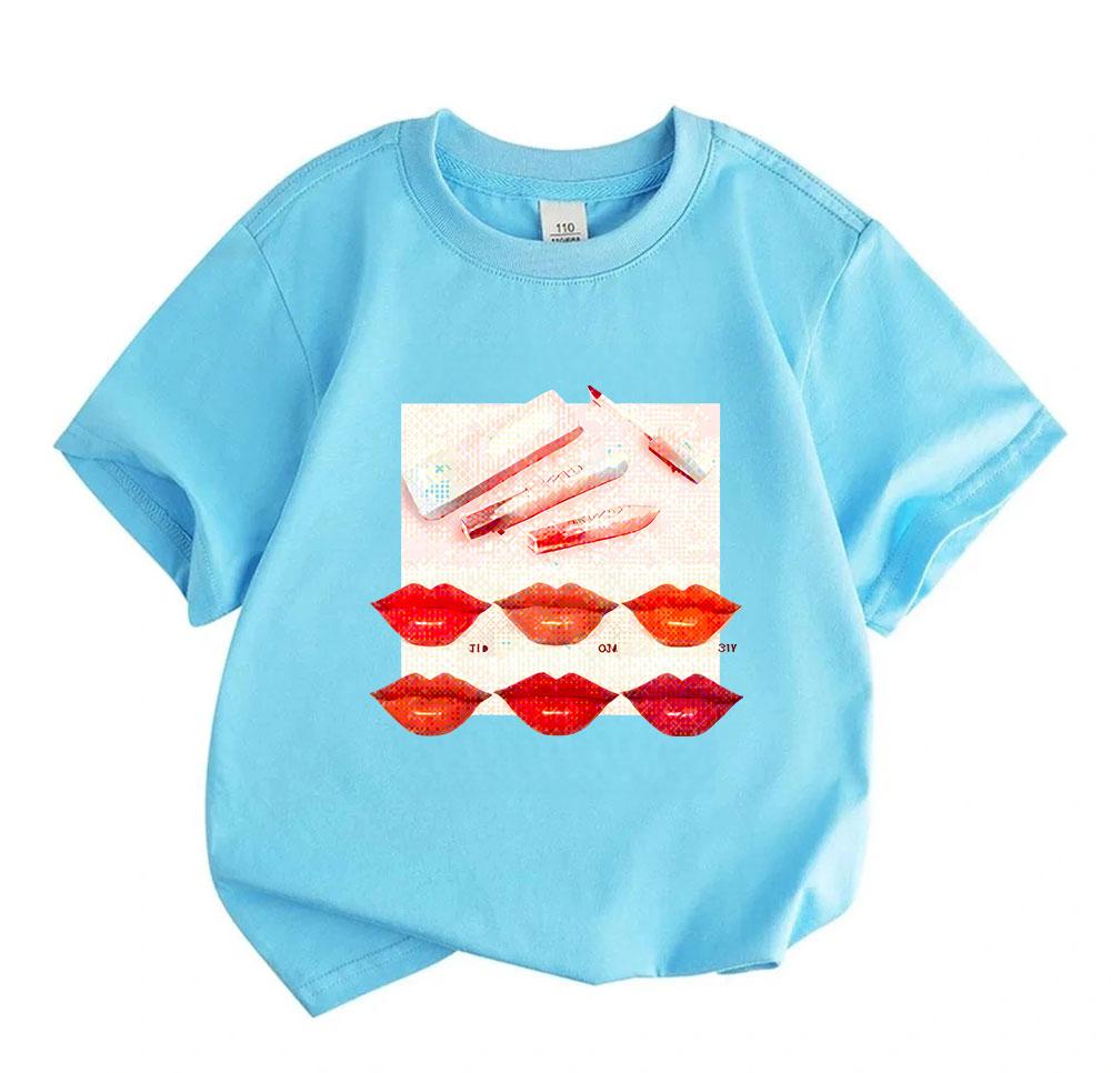 Kids Boys Girls 100% Cotton Crew Neck Short Sleeve T-shirt, Fashion Lipstick Print Casual Soft Breathable Summer Tee Tops for Children Daily Wear
