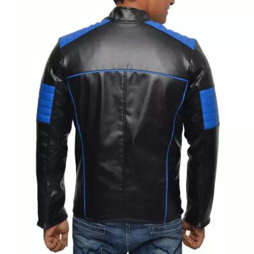 Halloween Stylish Motorcycle Lambskin Leather Black & Blue Hoodie Jacket Men Handmade