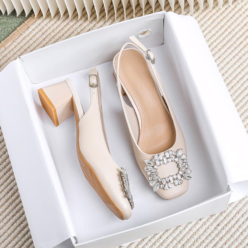 Baotou rhinestone sandals women's medium heel high heel with soft leather large size shoes