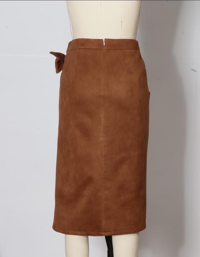 Elegant Women's Suede Skirt with Lace-up Knot - Solid Color, Spring/Autumn Collection